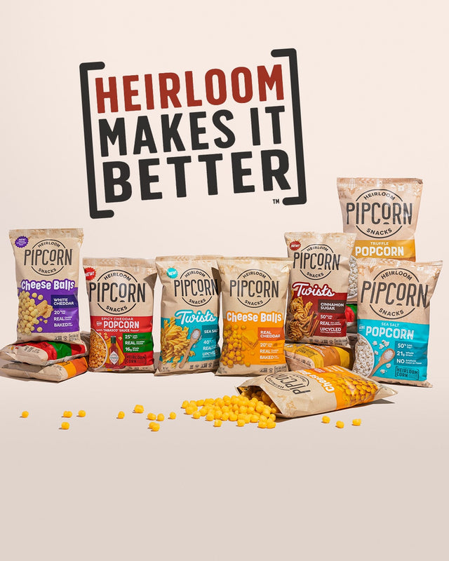 Pipcorn Pipcorn Heirloom Snacks: Popcorn, Cheese Balls, Corn Chips